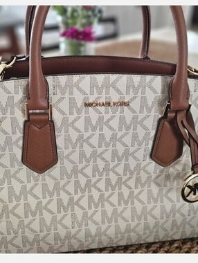 Michael Kors Ivory Signature MK Canvas Satchel with Brown Trim